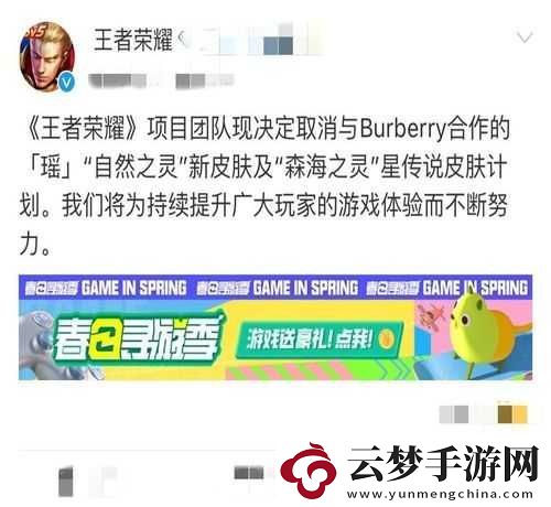 王者榮耀為何突然取消與巴寶莉合作