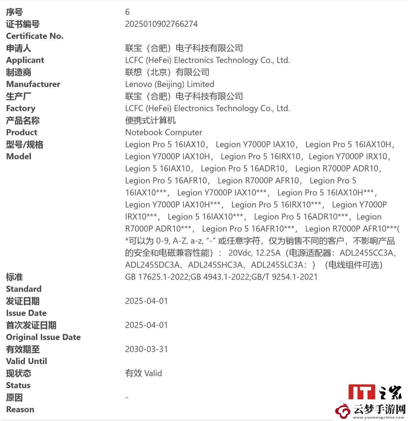 2025款聯(lián)想拯救者Legion游戲本Y7000P/R7000P獲3C認(rèn)證